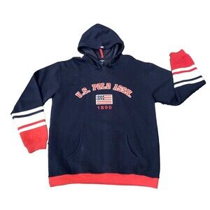 US Polo Assn Vintage Men's Hoodie Fleeced Large US Flag Curved Logo Embroidered